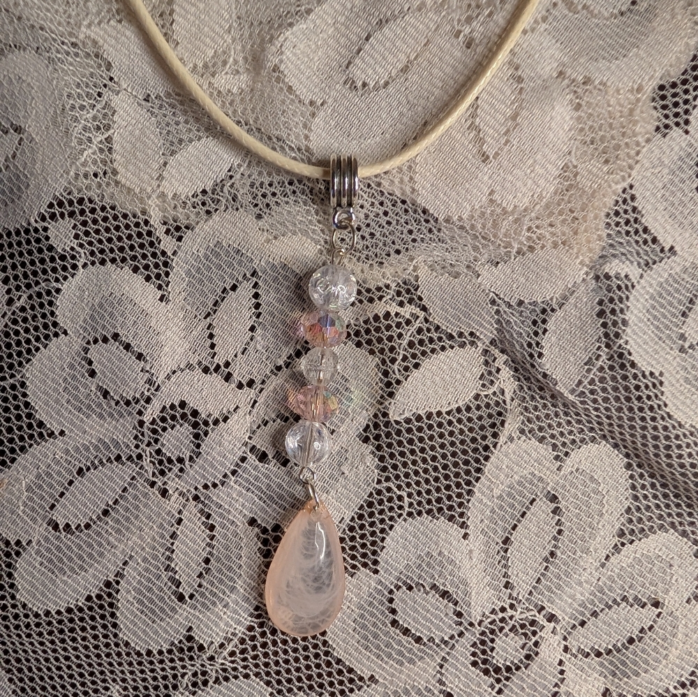 Hand Crafted Pink Quartz teardrop and Silver Plated  Pendant Necklace